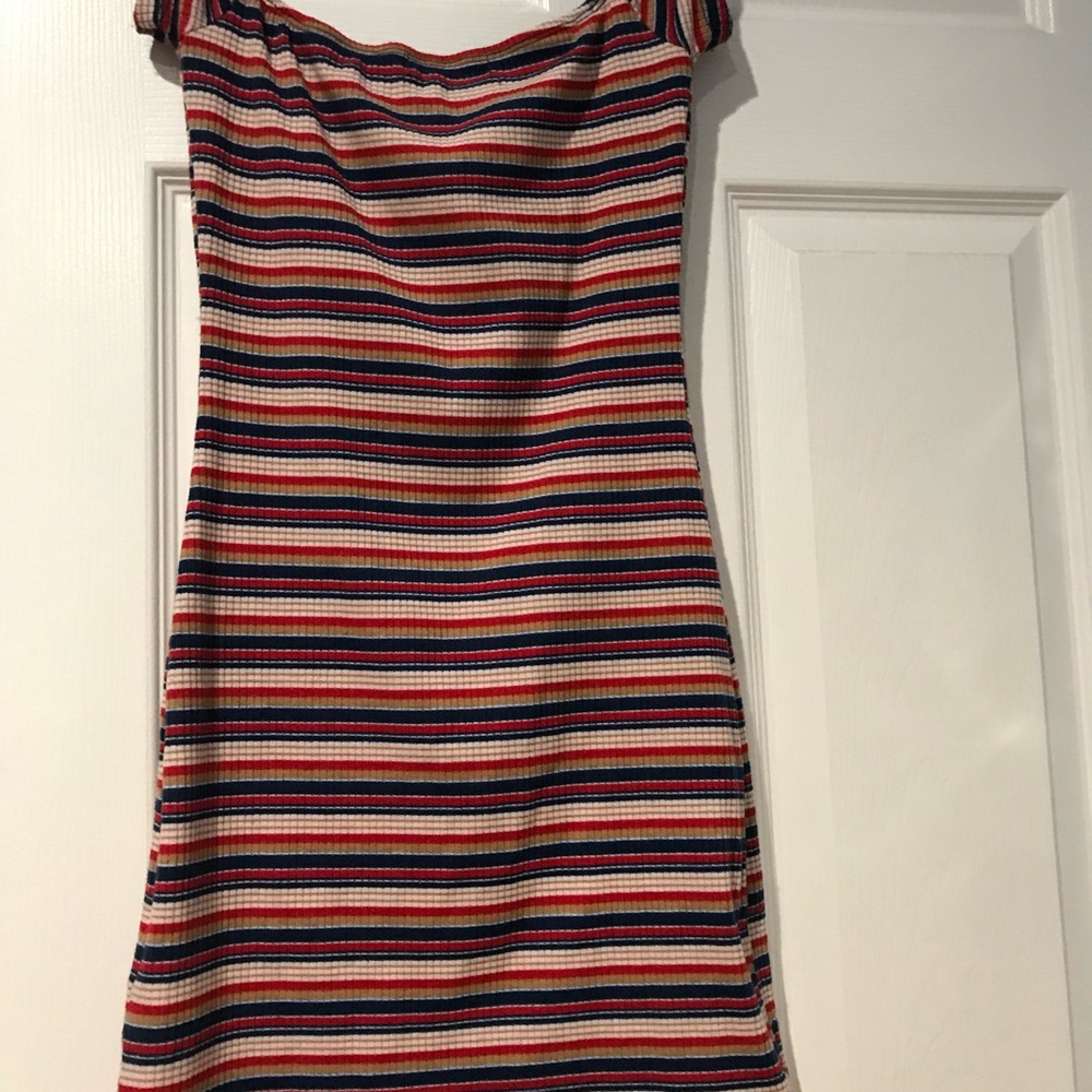Urban Outfitters Striped Off-Shoulder Mini Dress in Red, Navy & Cream